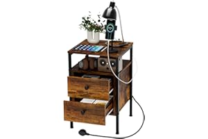 RCYNVIEW Mesitas de Noche Dormitori con Enchufe y Puerto USB, Mesa Auxiliar Estrechas con 2 Cajones, Mesita de Noche, Mesillas de Noche Pequeñas, Mesa de Centro para Sala de Estar, 40x40x61cm, Marrón Vinta