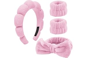 WUPENGZON 4 Stück Haarband Kosmetik,Spa Stirnband Make Up Schwamm Set Damen, Hautpflege Stirnband Waschen Gesicht Wristband Set Für Frauen Schönheit Mädchen Yoga Sport Dusche Make-up-Entfernung (Rosa)