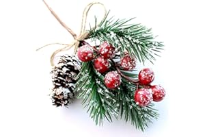 ‎FUTERLY Puluole 10 Stück Beeren Tannenzapfen für DIY Handwerk - Valentine Dekorationen Picks Spray Immergrüne künstliche Tannenzweige, Stechpalmenstiel, Weihnachtsdekoration, Geschenkverpackung, Verzierung
