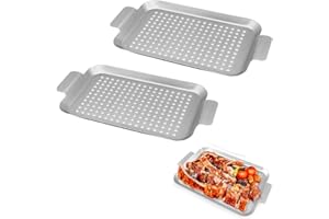 Miayical 2 Pièces Barquette avec Trous BBQ Grille Panier, 33 x 19 cm Paniers a Grillades Acier Inoxydable pour légumes, Réutilisables Plat de Cuisson Legumes Plateau Barbecue, Plat de Cuisson