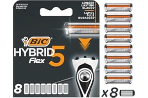 BIC Hybrid 5 Flex Cuchillas de Afeitar Hombre, Paquete de 8 Cuchillas de Recambio con 5 Hojas Móviles