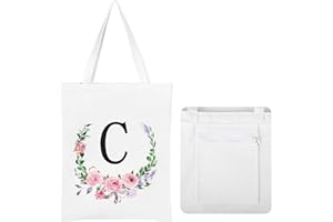 JNSMFC Floral Initial Canvas Tote Bag for Women,Personalized Letter Aesthetic Tote Bag with Zipper and Pocket