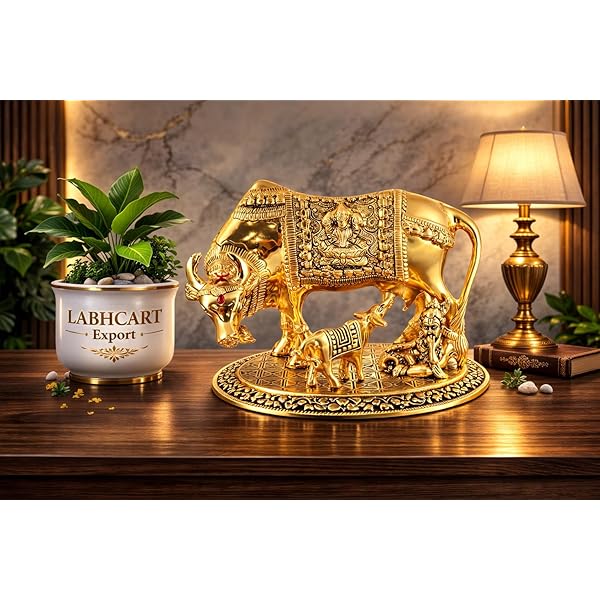 Cow and Calf Idol for Pooja | Kamdhenu Gau MATA Silver Color | Figurine showpiece Divine Pooja Gift décor