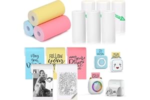 HUIJUTCHEN 9 Rolls Mini Thermal Printer Paper, Thermal Printer Sticker Paper for M02/T02 Sticker Photo Printer and Other Mini Pocket Printer White Paper Color Paper Rolls 57x25mm