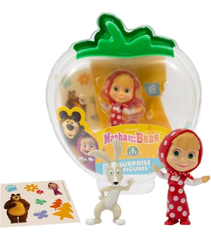 Giochi Preziosi Masha E Orso - Confezione A Forma Di Fragola Trasparente Con Personaggio Orso, Adesivi E Bustina Contenente Pinguino, Per Bambini A Partire Dai 3 Anni