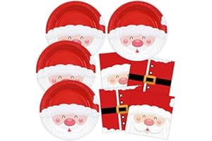 HNH Christmas Paper Plates and Napkins Set 40 Pieces Santa Claus Party Tableware for Table Decorations Serve 20