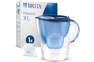 BRITA Caraffa filtrante Marella XL blu (3,5 l), incl. 1 cartuccia MAXTRA PRO All-in-1, caraffa grande con LTI digitale e coperchio a scatto - ora in confezione sostenibile Smart Box