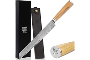 YOUSUNLONG Cuchillo Sujihiki de 11" - Cuchillos de filete japoneses - Cuchillo para rebanar definitivo de acero damasco martillado - Mango de madera de olivo italiano con funda de cuero