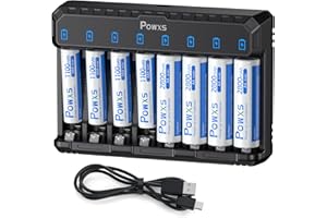 POWXS Akku Ladegerät für Lithium NiMH NICD AA AAA Akkus 8-Fach Schnellladegeräte mit 4 x 2800 mAh Wiederaufladbaren AA Batterien & 4 x 1100 mAh AAA Ni-MH Batterien Batterieladegerät