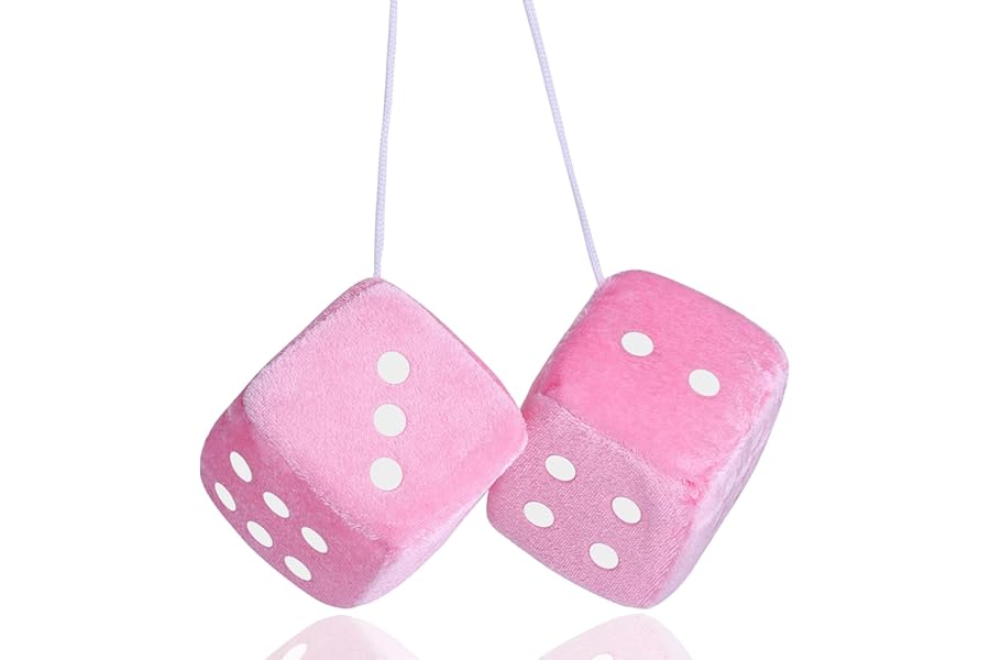 Fuzzy Dice for Rear View Mirror, Pink Fuzzy Dice for Car Mirror, 2.75inch Pair of Plush Retro Square Hanging Dice with White Dots Cute Car Decoration Ornament Accessories