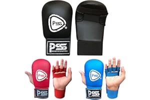 PSS Kids Karate mitt gloves for Boxing Martial Arts jab Training sparring junior pads open finger palm style Without Thumb Black Blue & Red Color 1018