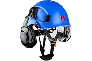 Mustbau Kask ochronny, EN397, z nausznikami i wizjerem, regulowany obwód głowy od 53 do 63 cm, wytrzymały materiał ABS, dla mężczyzn i kobiet