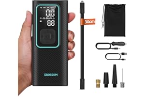 EBOSSOM Elektrische Luftpumpe 10,3Bar, Akku Kompressor Mini 6000mAh & 12V DC, Tragbare Fahrradpumpe mit alle ventile für Auto, Motorrad, Fahrrad, Pumpe mit Powerbank, LED-Licht, Automatischem Abschalten
