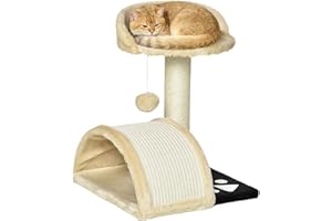 PawHut Árbol Rascador para Gatos Pequeño Altura 40 cm de 2 Niveles con Poste Tablero para Rascar Plataformas y Juguete de Bola Colgante 35,5x37x46 cm Beige