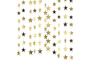 UDEWO 52 Feet Reflective Star Paper Garland, Sparkling Star Bunting Banner Hanging Decoration Twinkle Little Stars Party Garlands Glitter Stars Garland Streamer Kit For Birthday Wedding Banner Backdrop,Gold