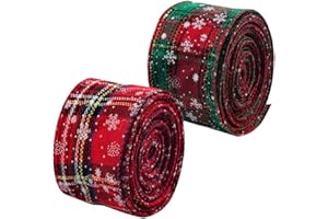 GUKASXI 2 rollos 5yd Cinta de Navidad con Borde de Alambre Arpillera a cuadros Cinta Cinta de envoltura navideña Cinta de tartán con borde Cinta de copo de nieve verde rojo Cintas para manualidades 6.3cm