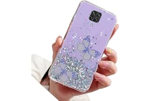 RNRIEYTA Miagon Crystal Glitzer Hülle für Xiaomi Redmi Note 9 Pro,Süß Bling Klar Handyhülle Durchsichtig Sparkle Sterne Case Cover Slim Dünn Schutzhülle,2 Schmetterling Lila