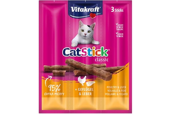 VITAKRAFT - Friandises Chat « Cat-Stick Mini » - À la Volaille et au Foie - Alimentation pour Chat - Lot de 20 Sachets Fraîcheur De 3 Bâtonnets De 6 g