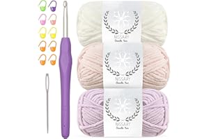 NISSARY Chenille Yarn for Crochet - Soft Plush Velvet Yarn 3x50g with 5mm Hook,Thick Fluffy Wool for Crochet Blanket Making Chunky Wool -Ideal for Beginners (Purple+Pink+White)