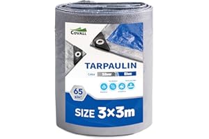 Covall Tarpaulin Light-Duty Tarp Groundsheet Sheet Cover 3x3m Waterproof 65g/m² Silver&Blue tarpaulin with eyelets Weatherproof Windproof UV-Resistant for Car Truck Rv House Tent Boat Pool