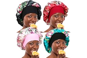 SAMSEROT 4 Pieces Wide Band Satin Cap Sleep Bonnet Soft Night Sleep Hat for Women