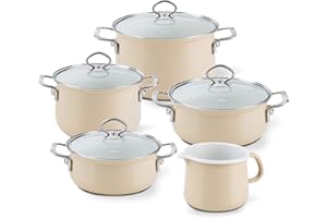 Riess, 0584-038, zestaw rodzinny 5-częściowy, NOUVELLE - CAPPUCCINO, składający się z: 2 x garnek do mięsa ze szklaną pokrywką (16, 20 cm), 2 x rondel ze szklaną pokrywką (16, 20 cm), garnka z dziubka (12 cm), emalii, beżowy