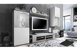 Vladon Wohnwand Movie, Anbauwand bestehend aus 1 TV-Board, 2 Vitrinen und 1 Regal, Weiß matt/Weiß matt/Beton Oxid-Optik (Gesamt: 300 x 190 x 39 cm)