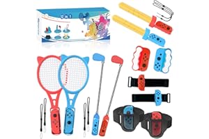 LONGYI 12 in 1 NS Switch Sport Spiel Zubehör, Das somatosensorische Set enthält Tennis- und Badmintonschläger, Fechtgriff, Volleyball-Armband, Bowlinggriff, Fußball-Beinriemen und Golfschläger