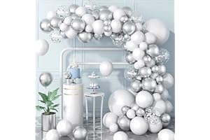 FLETORIN Decorazioni Compleanno 104 Pezzi, Arco Palloncini Argento Bianco, Taglie 18 12 10 5 pollici Palloncini Arco Kit Per Feste Compleanno, Baby Shower, Matrimonio, Laurea, Battesimo Bambino Addobbi