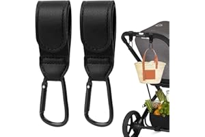 Zssxysm 2 Pieces Buggy Clips, Pram Hooks, Universal Stroller Hook, PU Leather Pushchair Accessories for Diaper Bag, Backpack, Shopping Grocery, Baby Travel Essentials (Black)
