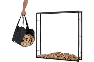 Lendo Online Scaffale per legna da ardere + borsa per il trasporto, per interni ed esterni, Portalegna, per legna da ardere – deposito legna – metallo nero (148x25x148cm)