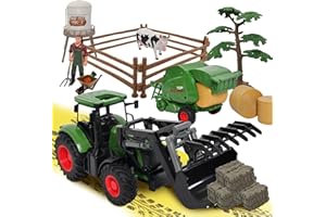 Hyrenee Fattoria trattore giocattolo con balle ciondolo da fieno, fienile, contadino, mucca, attrezzi da fattoria, albero per bambini bambino bambino ragazzi ragazze età 3-7 anni