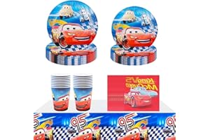 PIUMOJ Cars Partygeschirr Set, Cars Geburtstag Ceschirr, Partygeschirr Kindergeburtstag Cars, Pappteller, Becher, Tischdecke, Servietten, Geburtstag Auto Party Set für Jungen, 20 Gäste