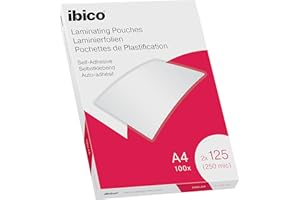 Ibico Selbstklebende Laminierfolien A4 250 Mikron (2 x 125 mic), 100 Stück, Glänzende Heißlaminierfolien, Abgerundete Ecken, Transparent, Kristallklar, Ideal für Hinweisschilder und Dokumente, 627325
