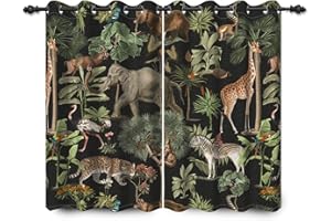 YongFoto 117x229cm Animal World Blackout Curtains Jungle Wildlife World Elephant Giraffe Wild Safari Green Forest for Living Room Bedroom Window Drapes, 2 Panels Home Set With Holes