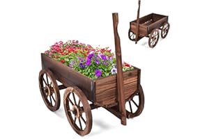 HOMASIS Chariot de fleurs en bois avec poignée et 4 roues, avec trous de drainage, jardinière décorative pour jardin, balcon, terrasse, 120 x 43 x 53,5 cm, marron