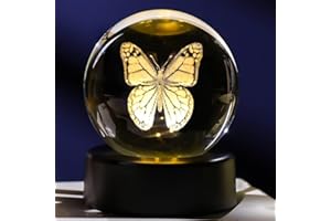 Ornalrist 6cm Crystal Ball Engraved 3D Cute Butterfly Figurine Paperweight with LED Light Base, Butterfly Themed Ornament Gifts for Women Friends for Birthday Christmas