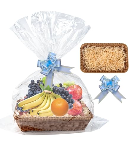 Panier Cadeau Vide Tressé Avec 3 Sacs Et 3 Rubans - 30x20x12,5 Cm - Rangement Déco Pour Maison, Cadeaux (Bleu)