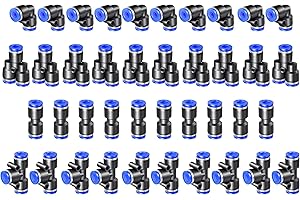 HAXIHA 40 Piezas 6mm OD Neumática Guarniciones de Conector, Conexión Rápida de Aire Comprimido Conector Neumático de Empuje para la conexión rápida de tuberías Y+T+I+L Type Combo Azul