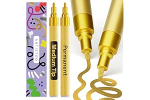 ARTISTRO 2 Gold Medium Tip Permanent Marker - Waterproof Markers for Tire, Fabric, Rocks, Glass, Ceramic, Wood, Paper - Oil Based Paint Pens