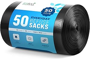 EcoBag - 50 Pack Everyday Refuse Sacks - Recyclable Bin Bags, Leak Resistant, Eco-Friendly, Durable Waste Disposal Bags for Kitchen, Office Waste & Light Rubbish, 30 Micron (Μm) /50l