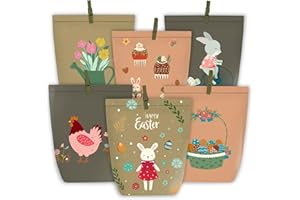 PANSIBY Torebki na prezenty na Wielkanoc, torebki wielkanocne do ozdabiania i napełniania, 24 torebki wielkanocne typu "zrób to sam", brązowo-zielone, z nadrukiem, z drewnianymi klamerkami