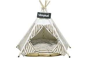 Vinnykud Pets Teepee Dogs Tent Stripes Removable and Washable Cats Tents Dog/Cat Bed Play House With Cushion (COFFEE, S:40x40x50cm)