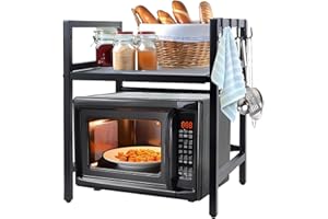 BEJAGWUS Erweiterbares Mikrowellen Regal 2 Stufig mit 6 Haken,Mikrowellenregal Küchenregal Teleskopregal Ausziehbar von 42-64cm,Arbeitsplatte Bäckerregale Gewürzregal Organizer für Küchen (Schwarz-2)