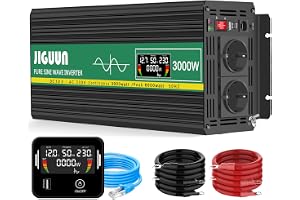 JIGUUN 3000W inverter 12V 230V ren sinus spänningsomvandlare | 2 EU-uttag & 2.4A USB-utgång fjärrkontroll och LCD-display Peak Power 6000W för lastbil Camping Emergency