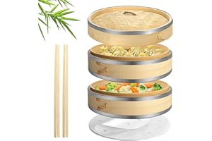 Flexzion Vaporiera di bambù (20,3cm /8 Pollici) con Fasce in Acciaio Inox 50x Fodere e 2 Paia di Bacchette, Vaporiera di Bamboo cestello Cinese, Steamer Vapore per Cottura Cucina Cibo Asiatico