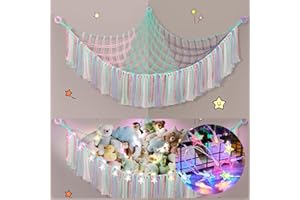 LUNRIWIS Teddy Hammock with LED Light, Boho Decor Plush Toy Storage Net, Teddy Bear Soft Toy Storage, Hand Woven Plush MacrameToy Hammock for Stuffed Animals Pink Blue Purple