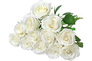 Woltoy 12 Pcs Artificial Roses, White Artificial Flowers Fake Roses Silk Fake Flowers for Garden, Wedding, Indoor and Outdoor