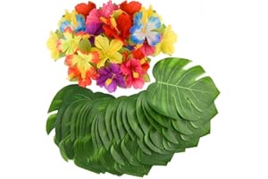 SunTop 60 Pezzi Tropical Party Decorazione Forniture Tropical Palm Tera foglie di foglie e fiori di ibisco, foglio di simulazione per Hawaiian Luau Party Jungle Beach Tema tavolo decorazioni