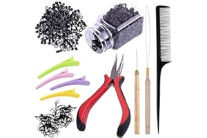 Duufin Hair Extensions Tools Kit 500 Pcs Black Micro Ring Beads 1 Pc Micro Beads Plier 2 Pcs Loop Needle Threader Pulling Hook 4 Pcs Plastic Alligator Clips 1 Pc Comb and 2 Bags Mini Rubber Bands